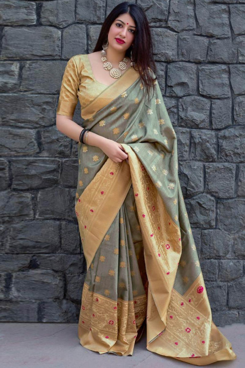 Buy Tea Green Silk Saree With Silk Blouse - SARV01159 | Andaaz Fashion
