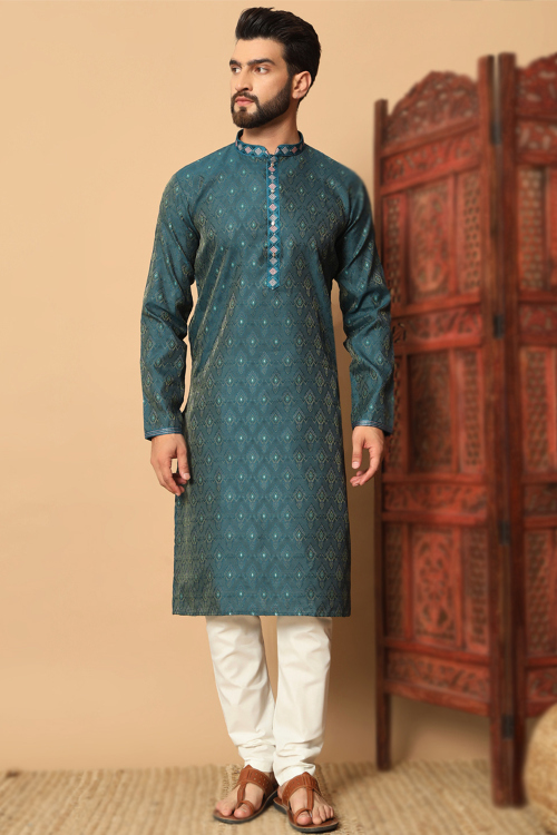 Teal Blue Art Silk Men's Kurta Pajama With Weaved Work