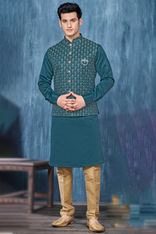 Teal Blue Art Silk Plain Jacket Style Men's Kurta Pajama