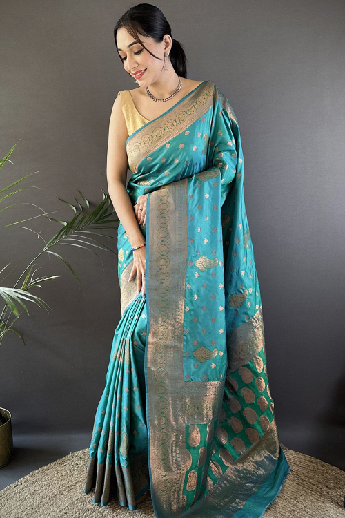 Teal Blue Art Silk Woven Zari Broad Border Saree