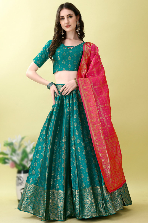 Teal Blue Art Silk Woven Zari Panelled Style Lehenga