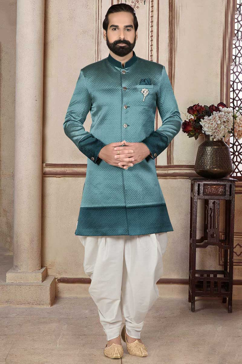 Teal Blue Brocade Woven Men's Sherwani