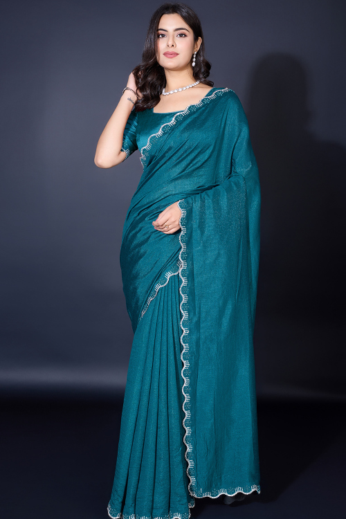 Teal Blue Chanderi Silk Saree with Pearl Work for Diwali Wear