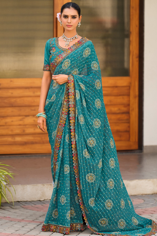 Teal Blue Chiffon Printed Saree For Festival