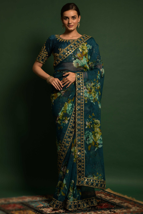 Party Wear Printed Teal Blue Saree in Chiffon