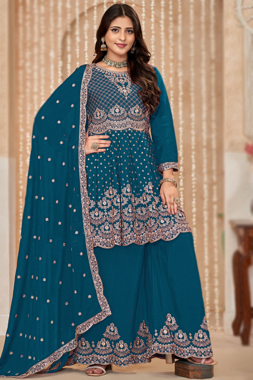 Teal Blue Chinnon Embroidered Frock Style Palazzo Suit