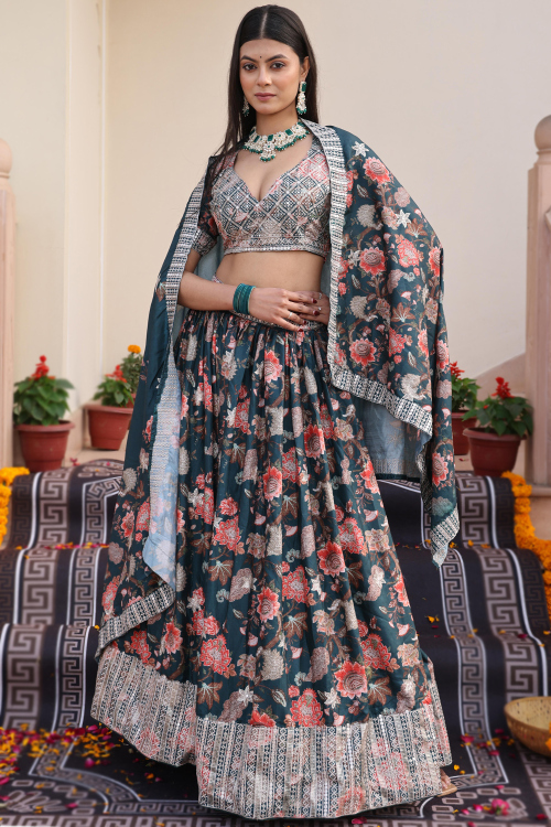 Teal Blue Chinnon Lehenga With Printed Work For Festival