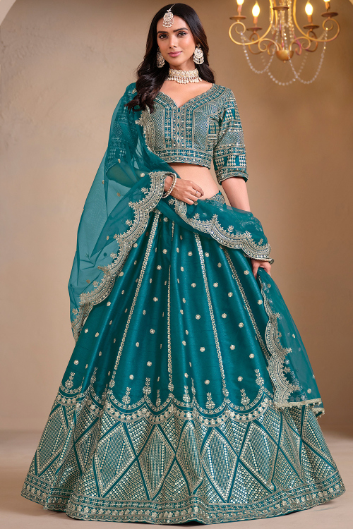 Teal Blue Chinnon Lehenga with Zari Work for Diwali 