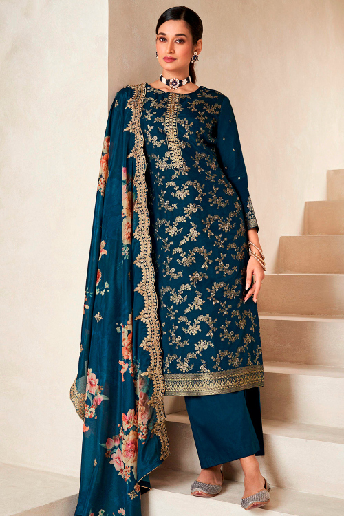 Teal Blue Chinnon Straight Pant Suit With Weaved Work For Diwali