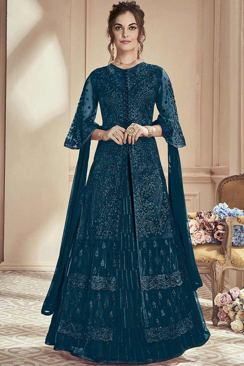Teal Blue Color Net Embroidered Anarkali Suit