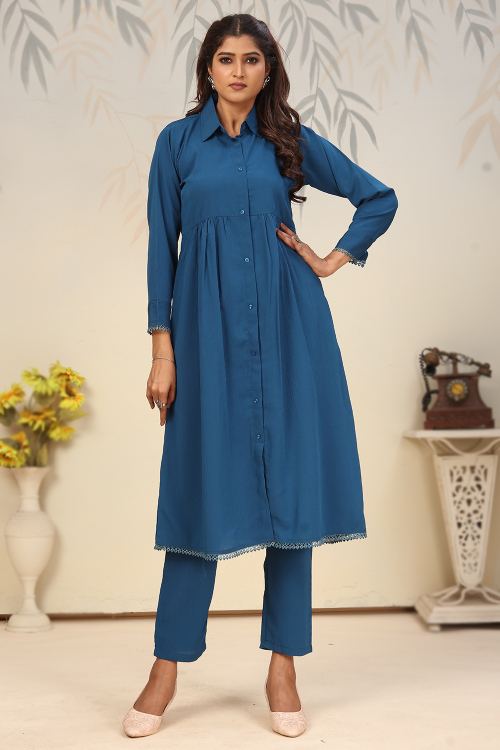 Teal Blue Cotton A Line Trouser Suit With Lace Work