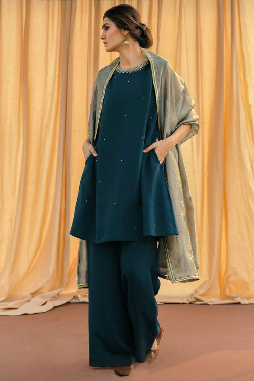 Teal Blue Cotton Frock Style Trouser Suit With Stone Work