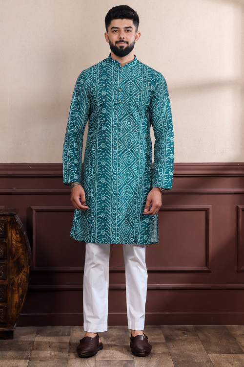 Teal Blue Cotton Men's Kurta Pajama With Printed Work