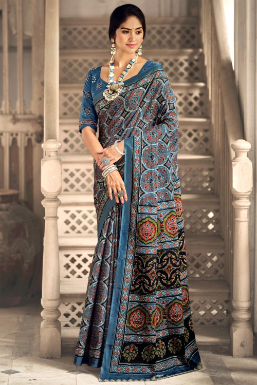 Teal Blue Cotton Printed Casual Wear Saree 