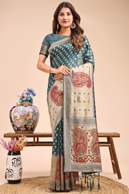 Teal Blue Cotton Saree With Weaved Work For Diwali