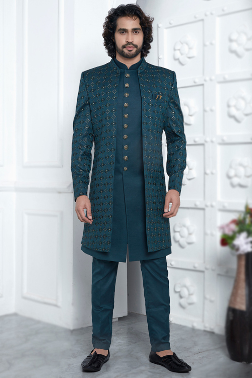 Teal Blue Cotton Silk Men's Sherwani With Embroidered Jacket 