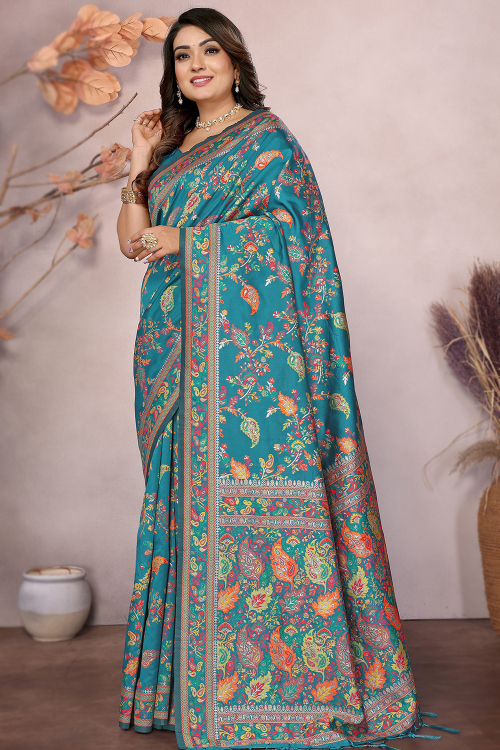 Teal Blue Cotton Silk Weaved Thread Broad Border Saree 