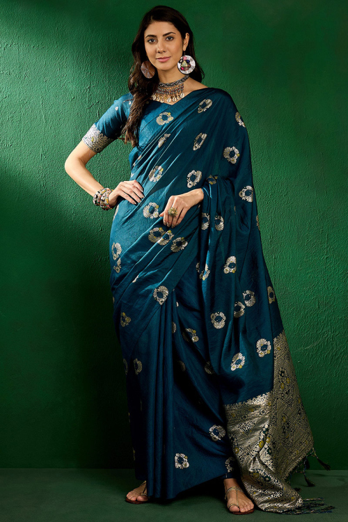 Teal Blue Cotton Silk Woven Zari Broad Border Saree