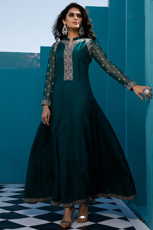Teal Blue Crepe Indian Anarkali Suit With Zari Work
