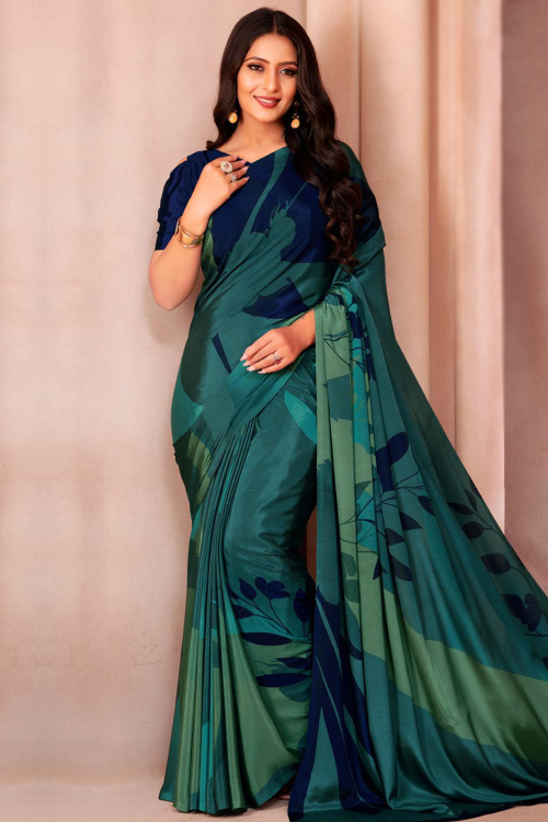 Teal Blue Crepe Printed Saree For Casual Wear