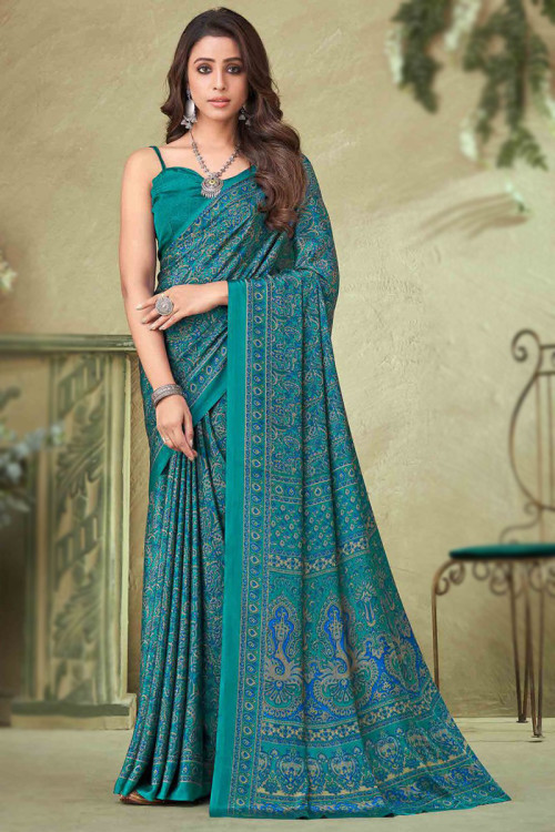 Saree in Teal Blue Crepe for Casual Wear with Printed