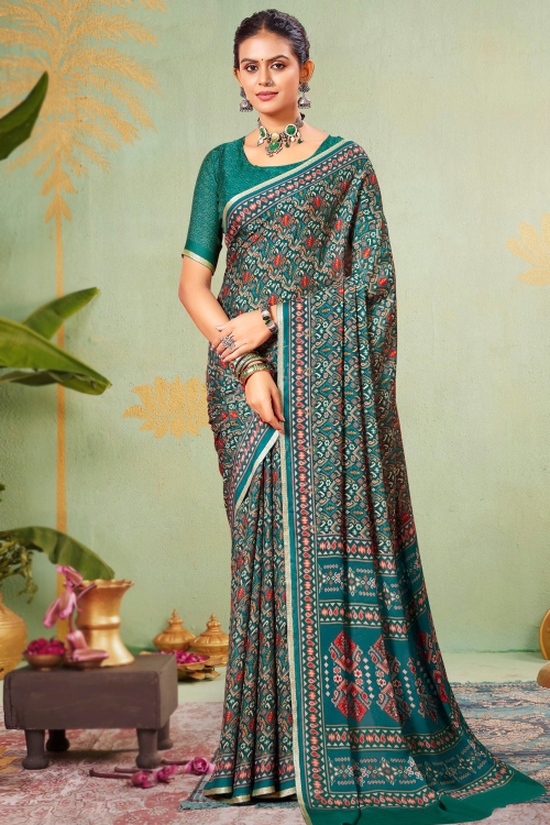 Teal Blue Crepe Printed Saree with Printed Work for Diwali