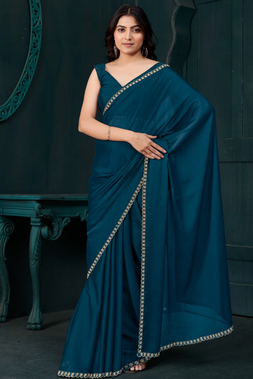 Teal Blue Crepe Saree With Stone Work For Diwali