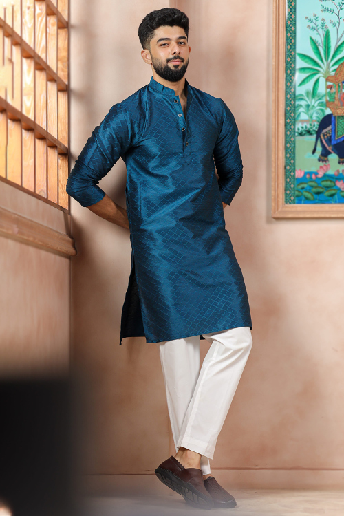 Teal Blue Dupion Silk Men's Kurta Pajama With Weaved Work