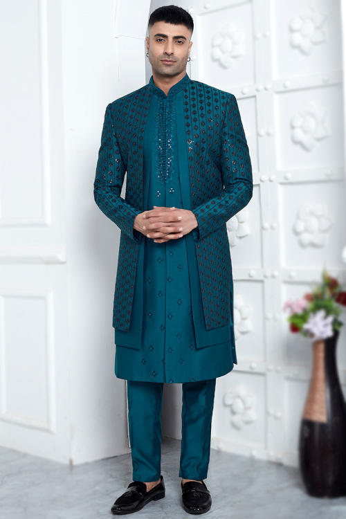 Teal Blue Embroidered Cotton Silk Jacket Style Men's Sherwani