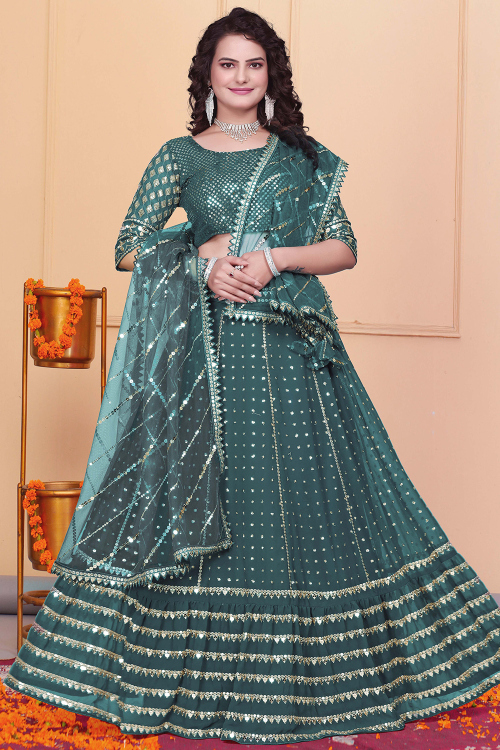 Teal Blue Embroidered Flared Style Georgette Lehenga 