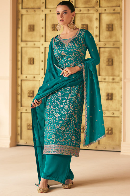 Teal Blue Embroidery Silk Palazzo Suit For Sangeet 