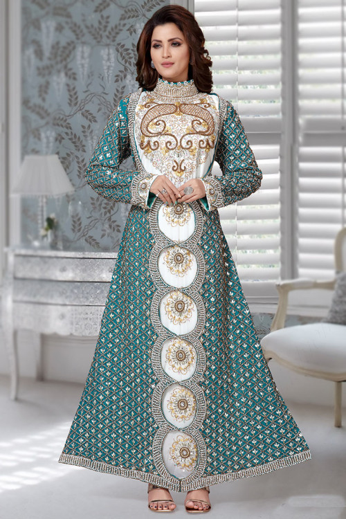 Teal Blue Georgette A-Line Embroidered Kurti