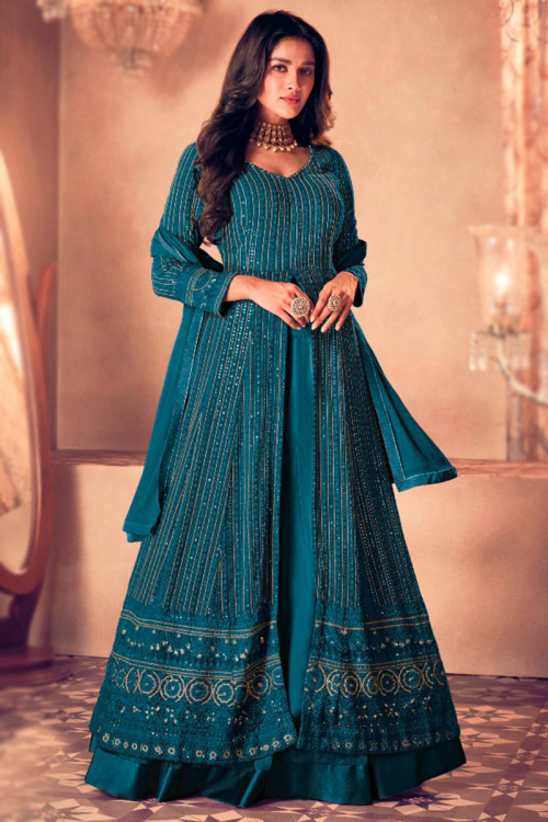 Teal Blue Front Slit Georgette Lehenga for Party 