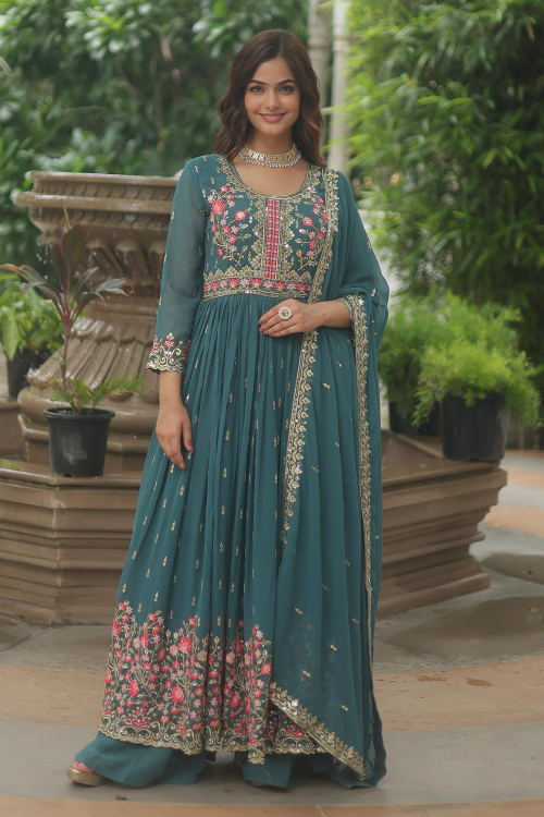 Teal Blue Georgette A Line Palazzo Suit With Zari Work For Festival