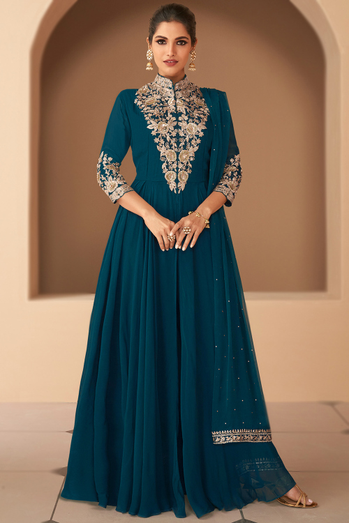 Teal Blue Georgette Embroidered A Line Anarkali Suit 