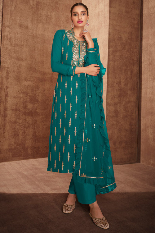 Teal Blue Georgette Embroidered Pakistani Trouser Suit