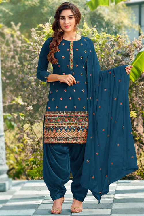 Teal Blue Georgette Embroidered Patiala Suit