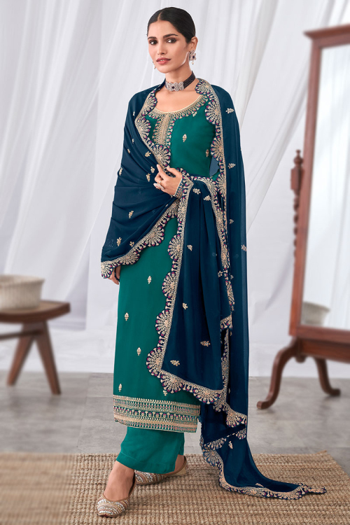 Teal Blue Georgette Straight Cut Embroidered Salwar Suit for Party Wear