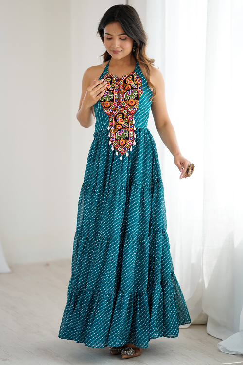Teal Blue Georgette Gown With Mirror Work For Festival 