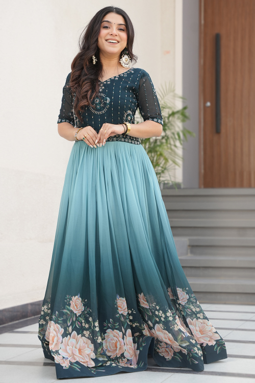 Teal Blue Georgette Gown With Printed Work For Festival