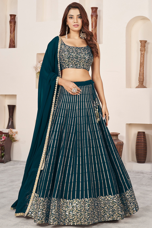 Teal Blue Georgette Lehenga with Zari Work for Diwali