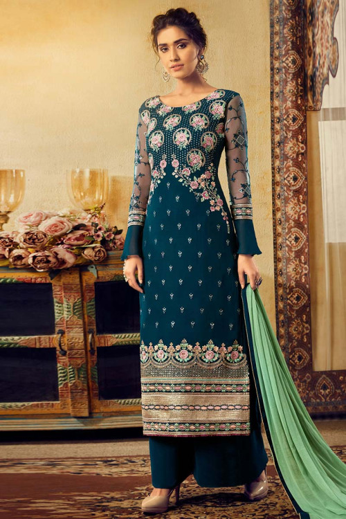 Teal Blue Georgette Palazzo Pant Suit With Resham Work