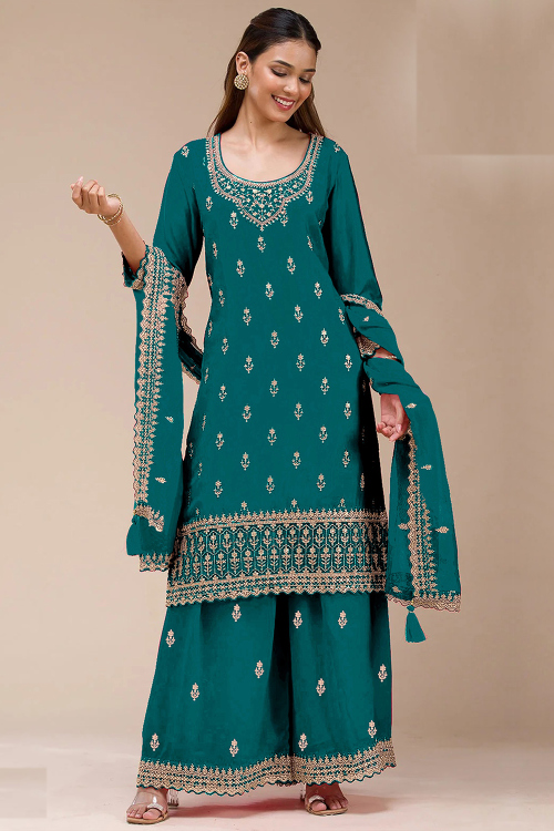 Teal Blue Georgette Palazzo Suit With Zari Work For Festival
