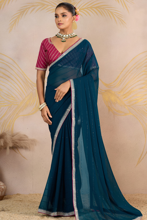 Teal Blue Georgette Saree With Lace Work for Wedding