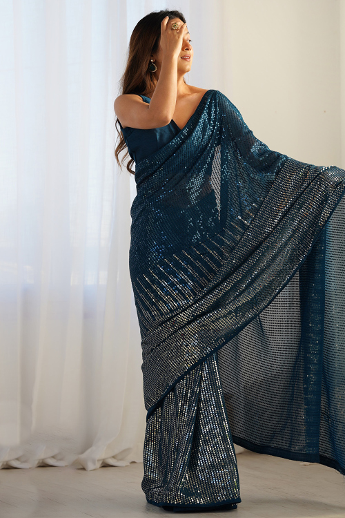 Teal Blue Georgette Sequins Embroidered Light Weight Saree 