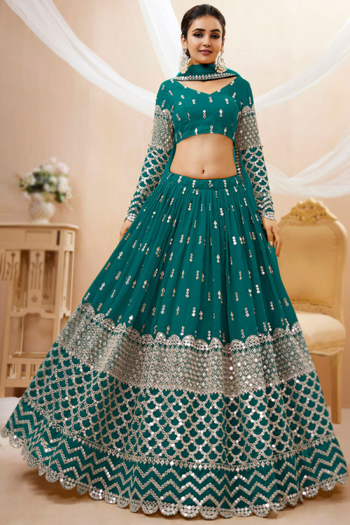 Teal Blue Georgette Zari Embroidered Lehenga 