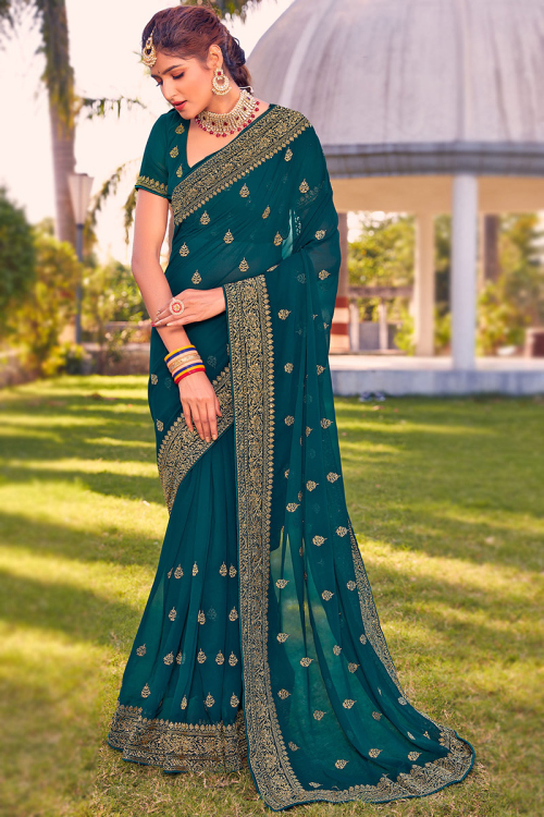 Teal Blue Georgette Zari Embroidered Saree