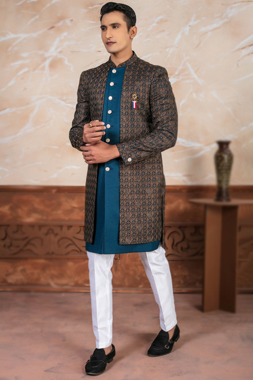 Teal Blue Jacket Style Silk Embroidered Men's Sherwani For Engagement 