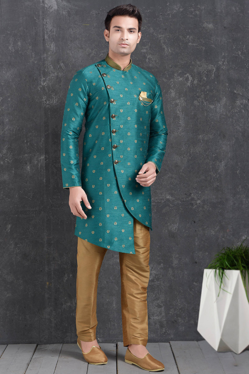 Teal Blue Jacquard Embroidered Asymmetrical Men's Sherwani