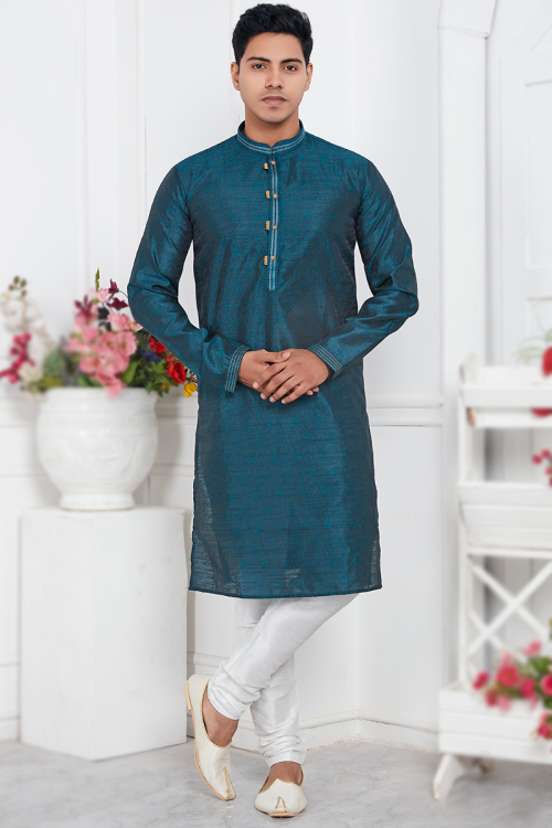 Teal Blue Jacquard Straight Cut Men Kurta Pajama with Lace Work